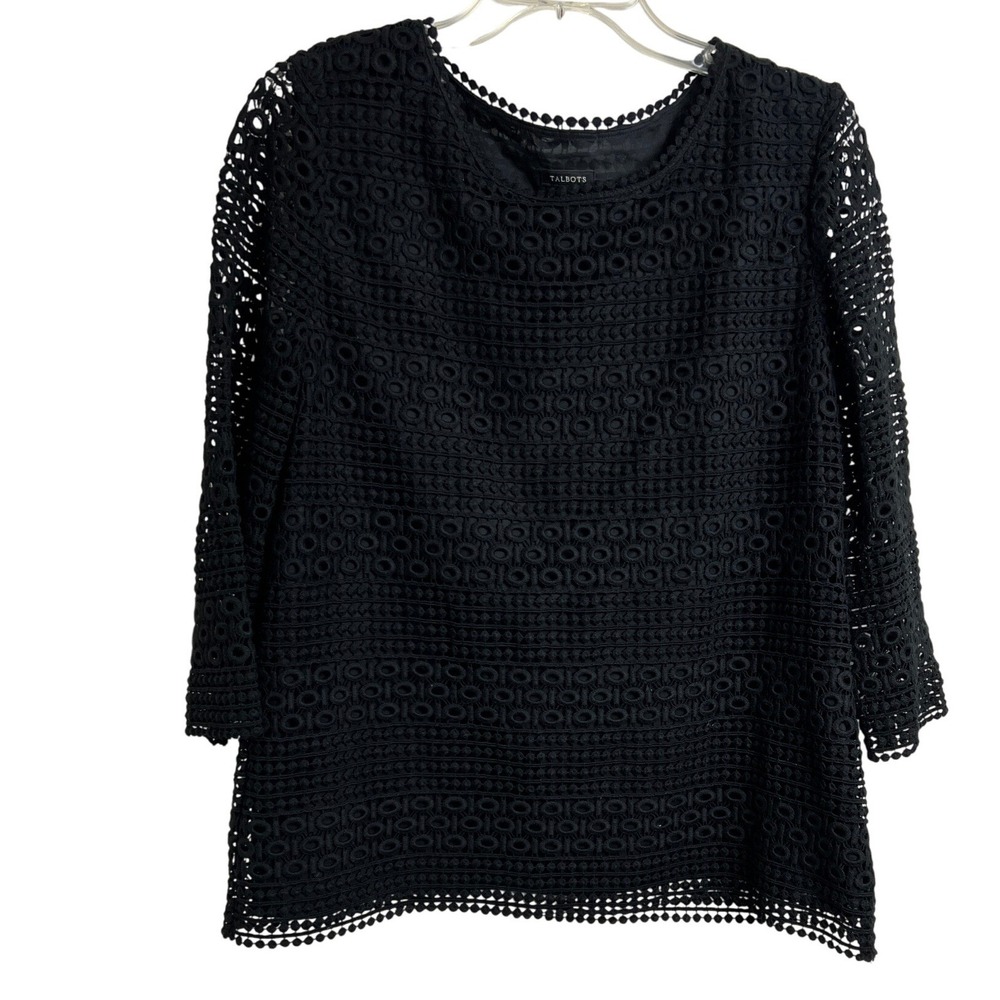 Talbots Crochet Lace Top Women Size M Black 3/4 Sleeve Lined Pullover Blouse C22